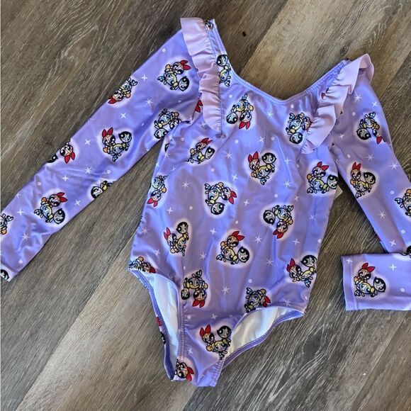 New Kids Purple Ruffle One Piece Powerpuff Girls Swimsuit Sz 5T - Picture 2 of 4